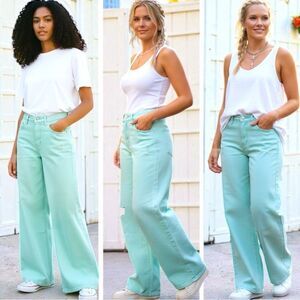 Mint Blue High Rise Distressed Wide Leg Jeans NWT | American Bazi | Bin A